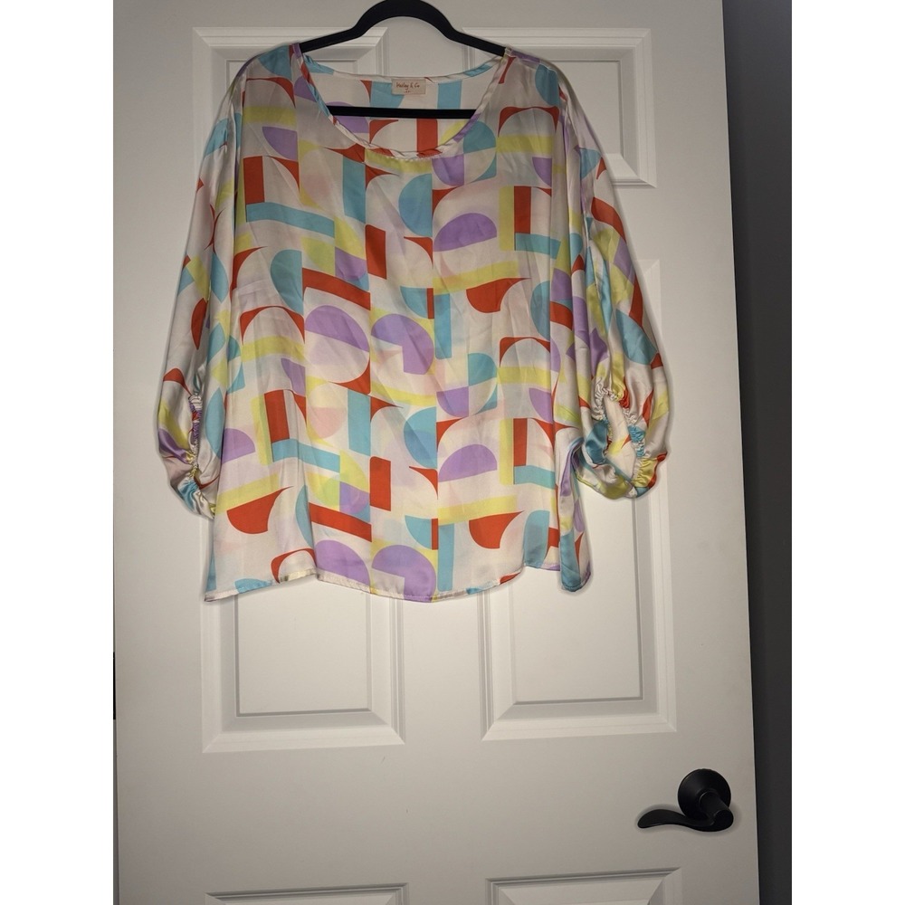 Hailey And Co Geometric Print Balloon Sleeve Satin Blouse Multicolor 2x
